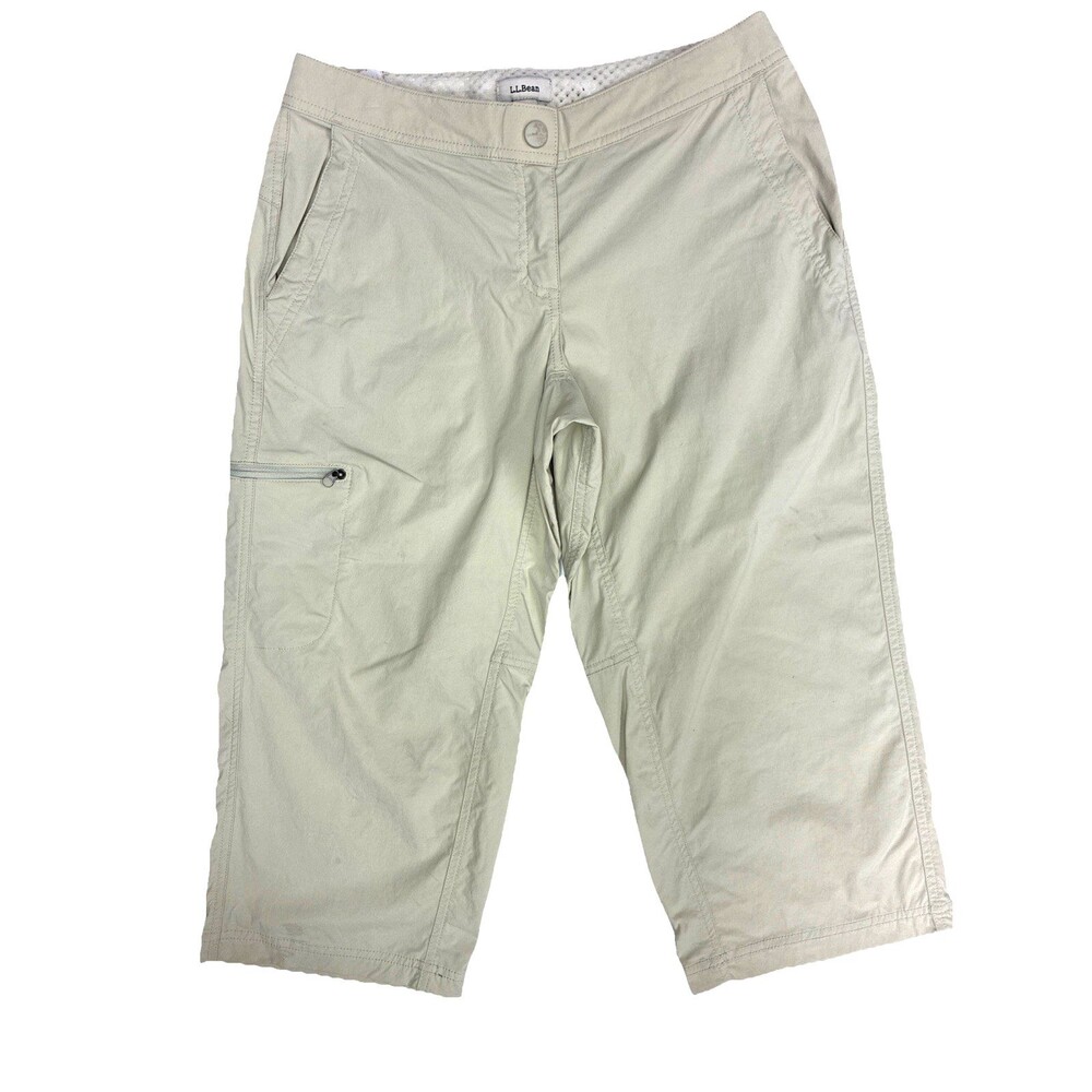 LL Bean Nylon Cropped Cargo Pants Sz 4P Tan Khaki Adjustable Waist Gorp Outdoor
